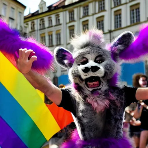 Image similar to a furry dancing to techno at a pride event in Prague, 4K photograph, National Geographic photo