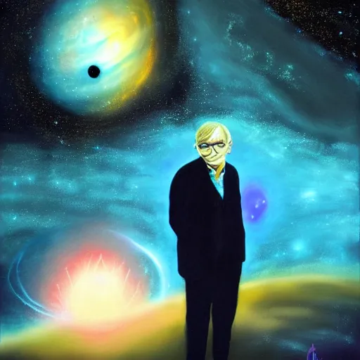 Prompt: stephen hawking with space in the background, universe, galaxies, planets, black hole, by anato finnstark