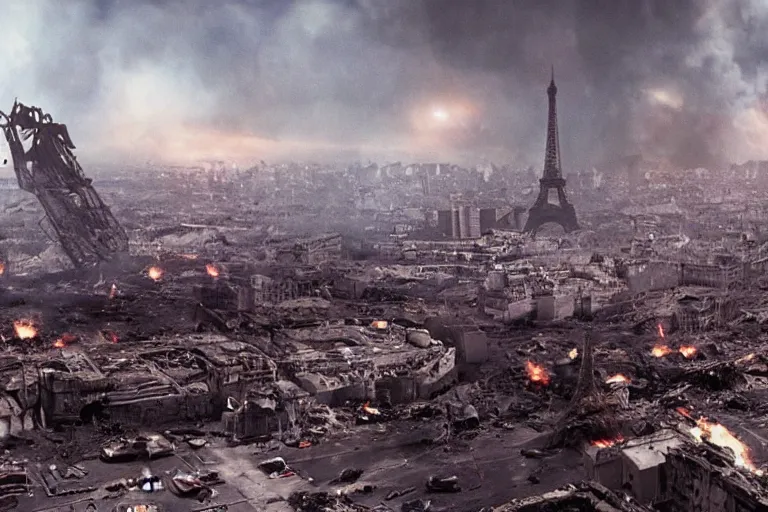 Prompt: An apocalyptic scene of Paris destroyed after the alien invasion, 70mm Imax, Cinematic, Film Still, Directed by Michael bay