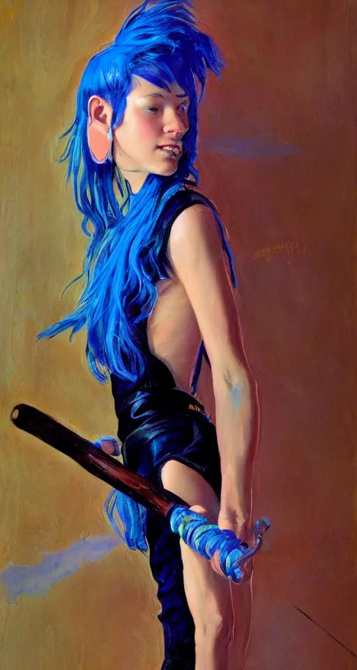 Prompt: amospheric portrait of a teenage rocker girl from the 9 0 s, blue hair, blue eyes, wielding a staff, in the style of joaquin sorolla, bill sienkiwicz, syd mead, atmospheric, detailed