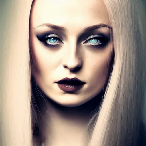 Image similar to modeling photograph sophie turner kerli koiv, blonde, beautiful, dark, mysterious, bubble goth, detailed symmetrical face, half body shot, fog dramatic, teen