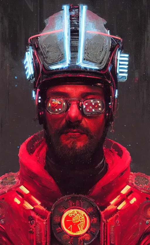 Image similar to detailed portrait Marcus Aurelius, cyberpunk futuristic neon, reflective red coats, decorated with traditional Rome ornaments, burning city behind by Ismail inceoglu dragan bibin hans thoma greg rutkowski Alexandros Pyromallis Nekro Rene Maritte Illustrated, Perfect face, fine details, realistic shaded, fine-face, pretty face