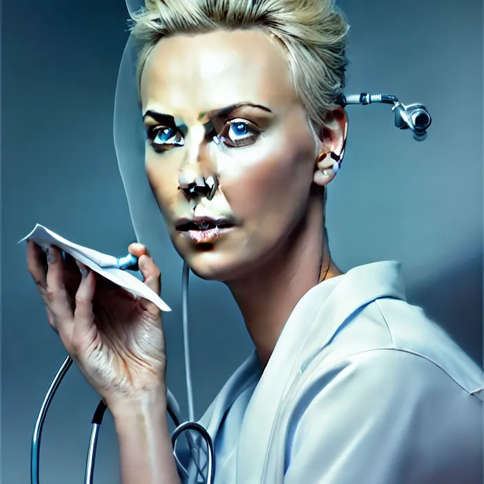 Image similar to portrait of charlize theron as a nurse. intricate abstract. intricate artwork. by tooth wu, wlop, beeple, dan mumford. octane render, trending on artstation, greg rutkowski very coherent symmetrical artwork. cinematic, hyper realism, high detail, octane render, 8 k, iridescent accents