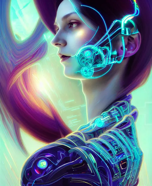 Image similar to a whirlwind of souls rushing inside the metaverse, hologram, half body, neurochip, shaved temple, piercing, jewelry, android, cyborg, cyberpunk face, by loish, d & d, fantasy, intricate, elegant, highly detailed, colorful, digital painting, artstation, concept art, art by artgerm and greg rutkowski and alphonse mucha