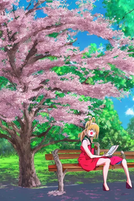 Image similar to anime drawing, anime girl sitting on a bench with blooming cherry trees in the background