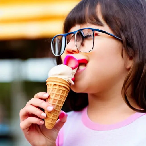 Prompt: a cute girl with eye glass eating a ice cream