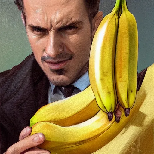 Image similar to banana in a business suit, artists portrait, fantasy, highly detailed, digital painting, concept art, sharp focus, depth of field blur, illustration, art by artgerm and greg rutkowski and alphonse mucha