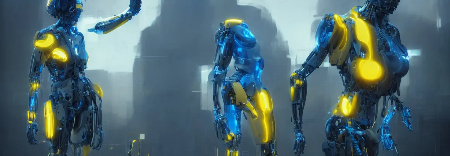Image similar to body cyborg prototype, concept art, unreal engine render, yellow and blue theme, high detail, very realistic, by greg rutkowski, by james gurney ultra clear detailed