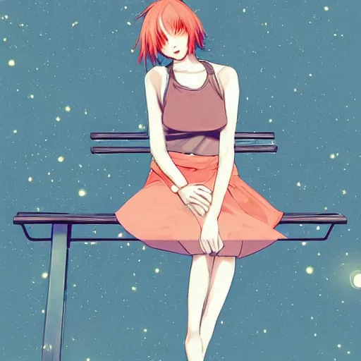 Prompt: a woman in a skirt sitting on a parkbench, night sky, digital art, anime style, by conrad roset, highly detailed, trending on artstation