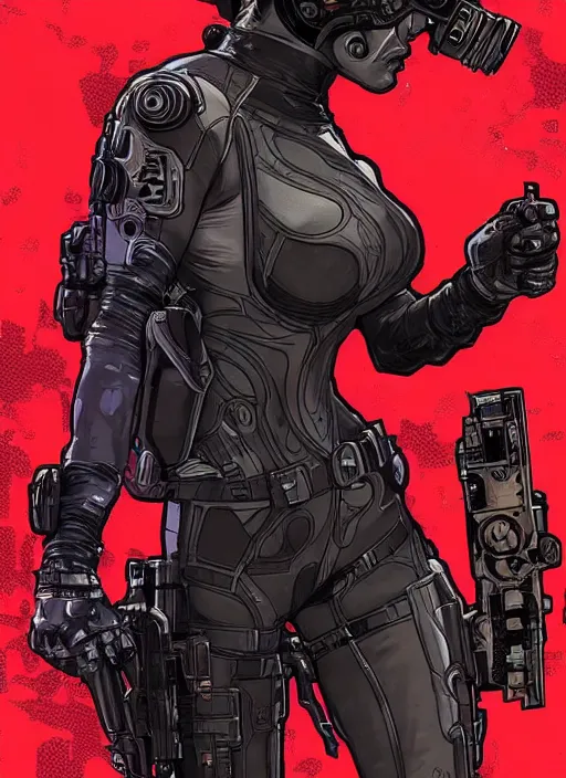 Image similar to cyberpunk blackops spy. catsuit. portrait by ashley wood and alphonse mucha and laurie greasley and josan gonzalez and james gurney. spliner cell, apex legends, rb 6 s, hl 2, d & d, cyberpunk 2 0 7 7. realistic face. dystopian setting.