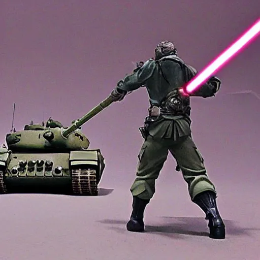 Image similar to A man with a saber facing down a tank, detailed, anime