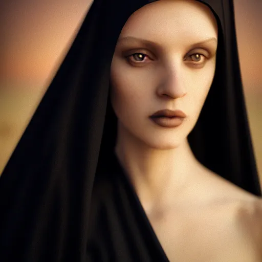 Image similar to photographic portrait of a stunningly beautiful goth nun female in soft dreamy light at sunset, contemporary fashion shoot, by edward robert hughes, annie leibovitz and steve mccurry, david lazar, jimmy nelsson, breathtaking, 8 k resolution, extremely detailed, beautiful, establishing shot, artistic, hyperrealistic, beautiful face, octane render