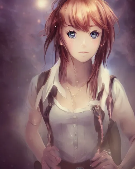Image similar to a portrait of a teenage girl on a haunted ship, full shot, very anime, digital art, captures emotion and movement, ambient lighting, perfect composition, dynamic lighting, detailed face, very extremely detailed blue eyes, smooth shading