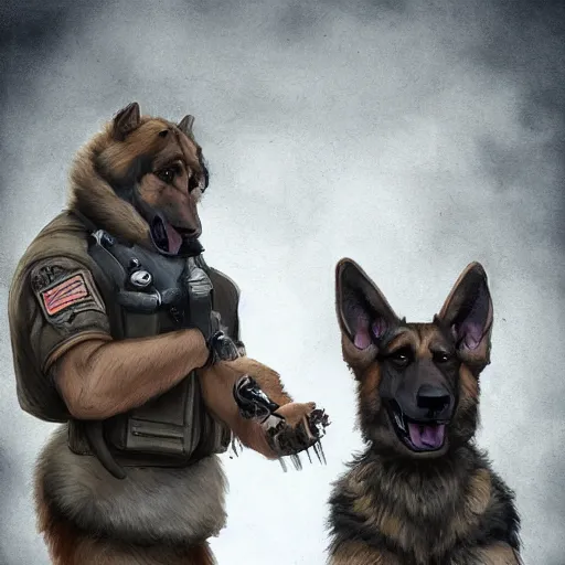 Image similar to two humanoid german shepherds beast - men in military style, they holding a beer, artstation, concept art, smooth, sharp foccus ilustration, artstation