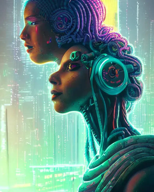 Image similar to a cyberpunk close up portrait of cyborg medusa, electricity, rainbow, snakes in hair, sparks, bokeh, soft focus, skin tones, warm, daylight, geometric, by unreal engine, paul lehr, jesper ejsing