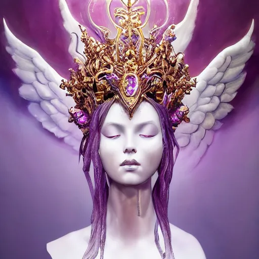 Image similar to female angel queen head wearing shiny pink crown, subtle purple accents, hyper details, black metal rococo, sculpted by Alex Alice, Craig Mullins, yoji shinkawa, trending on artstation, beautifully lit, Peter mohrbacher, hyper detailed, elite, elegant, luxury, ray of light through smoke, CGsociety, hypermaximalist, golden ratio, neofuture, volumetric, octane render, weta digital, micro details, 3d sculpture