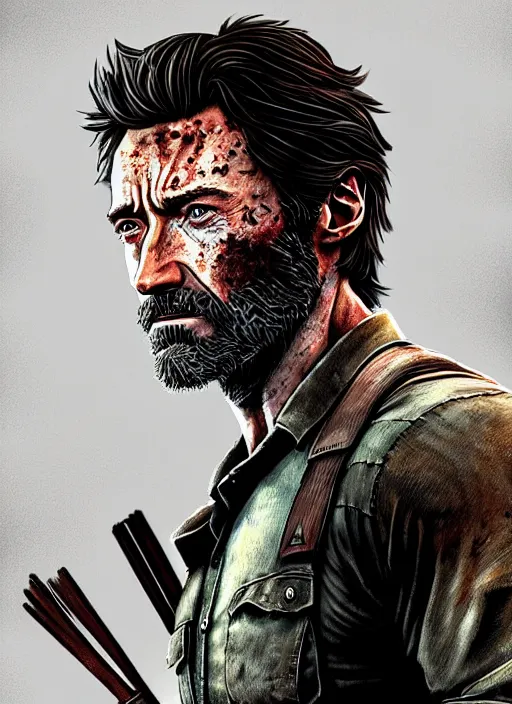 Image similar to portrait of hugh jackman as joel from the last of us, character concept art, hyperrealistic, detailed, accurate illustration, dramatic lighting