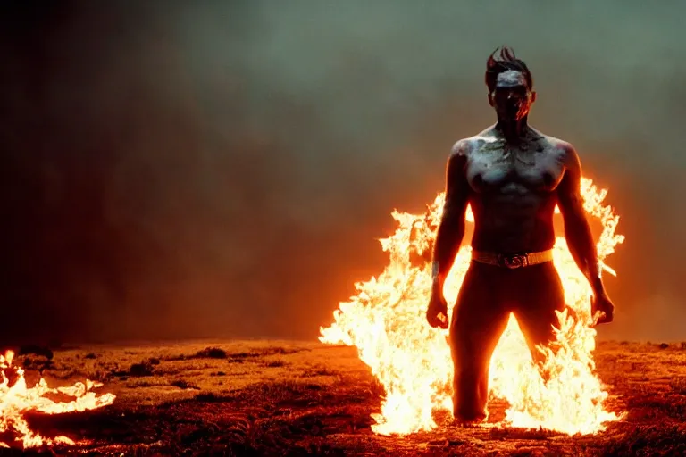 Prompt: a cinematic wide - angle photograph of mutant made of fire walking through a vast serene landscape, beautiful lighting, high depth, ultra realistic, artistic, by zack snyder and john harris