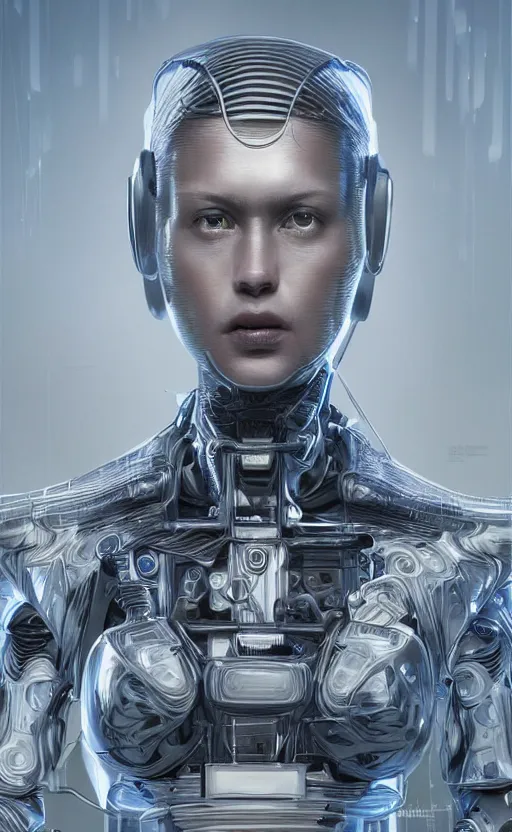 Image similar to Female in police uniform, hyperrealistic mixed media, stunning 3d render inspired art by P. Craig Russell and Barry Windsor-Smith + perfect facial symmetry + dim volumetric lighting, 8k octane beautifully detailed render, post-processing, extremely hyperdetailed, intricate futuristic mechanic parts, epic composition, grim yet sparkling atmosphere, cinematic lighting + masterpiece, trending on artstation