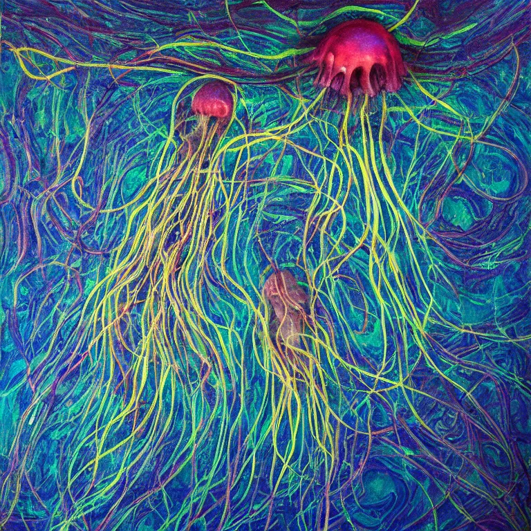 Image similar to Hyperrealistic intensely colored studio Photograph portrait of a deep sea psychedelic bioluminescent jellyfish deep underwater in darkness long exposure, award-winning nature deep sea expressionistic impasto heavy brushstrokes oil painting by Fabian Marcaccio and Jean Dubuffet and Audubon vivid colors hyperrealism 8k