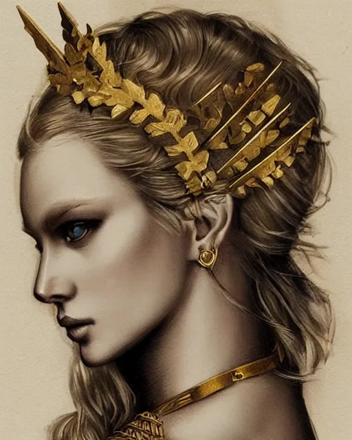 Image similar to tattoo sketch of blonde super model aphrodite greek goddess wearing a gold laurel wreath and triangle earrings, beautiful piercing gaze with sharp pupils, in the style of greg rutkowski, fantasy, amazing detail, epic, elegant, smooth, sharp focus, front view