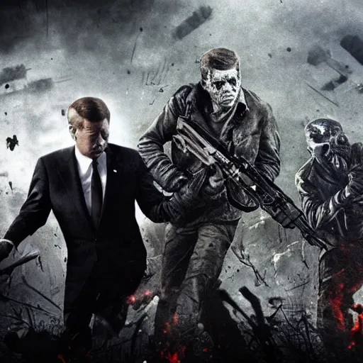 Image similar to John F Kennedy and Vladimir Putin back to back in black ops two zombies fending off a horde of zombies aesthetic intricate high detail 8K with lots of fire and dim light