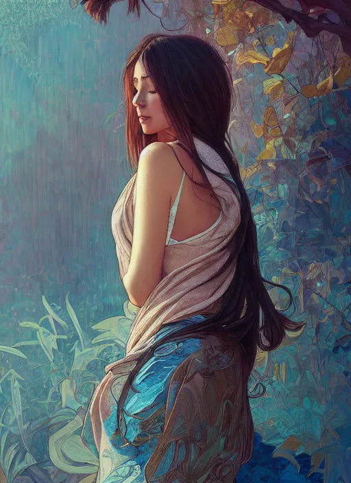 Image similar to handsome young women with shoulder length brown hair, half body shot, path traced, highly detailed, high quality, digital painting, alena aenami, lilia alvarado, shinji aramaki, karol bak, alphonse mucha, tom bagshaw