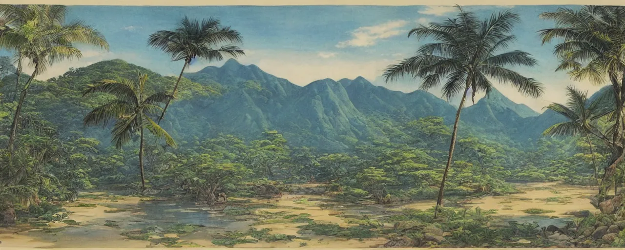 Prompt: a 2D drawing of a beautiful Philippine landscape, majestic and exotic by hiroshi yoshida