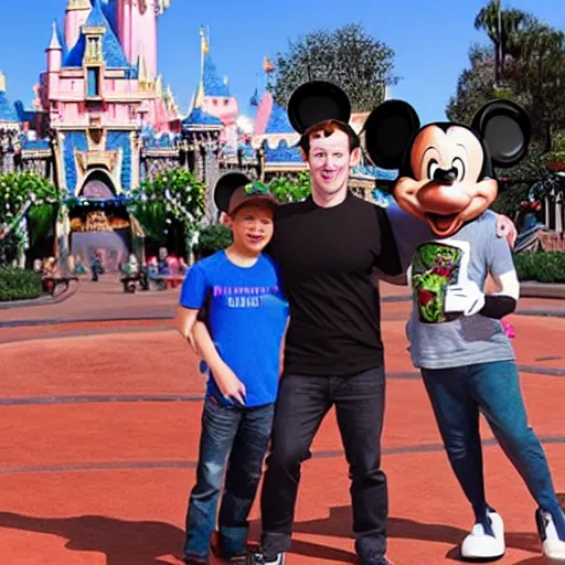 Image similar to badly photoshoped mark zuckerberg in disneyland