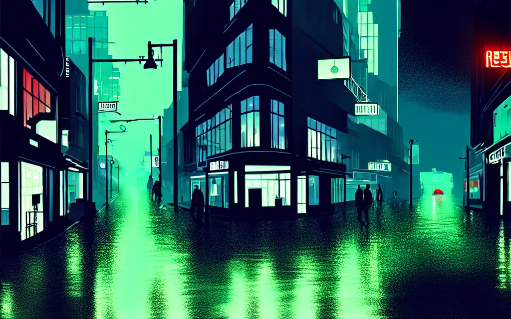 Image similar to concept art, wet helsinki street at night by roger deakins, in the style of syd mead and liam wong