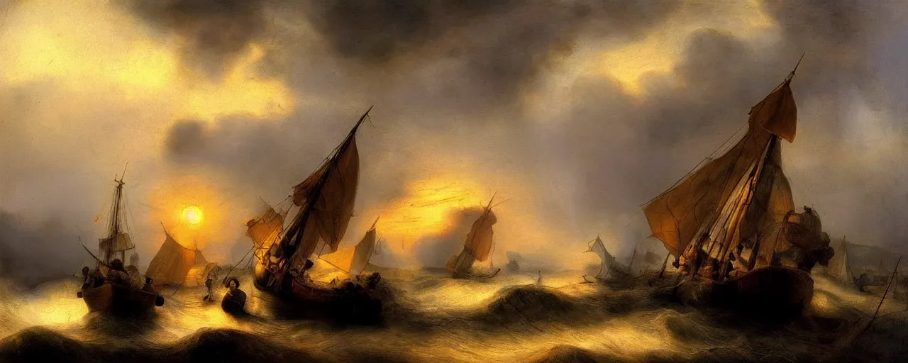 Prompt: rembrandt stormy sea boat painting golden hour sunset dramatic