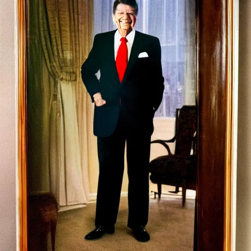 Image similar to wide angle 4 k portrait of ronald reagan showering