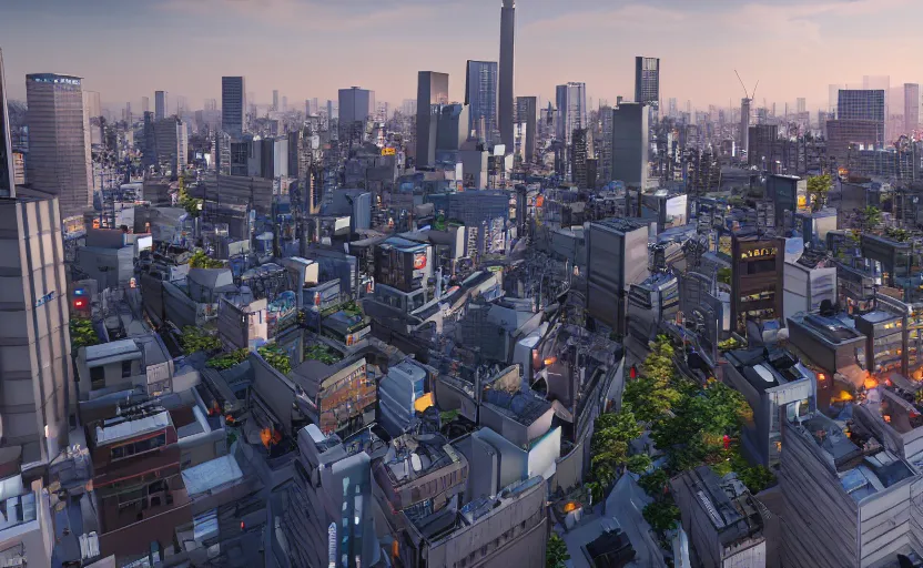 Image similar to unreal engine 5 render of tokyo city from a rooftop view, sunset lighting, hyper realism, realistic shading, cinematic composition, blender render, octane render, hdr, detailed textures, photorealistic, ultrawide shot, 1 6 mm lens