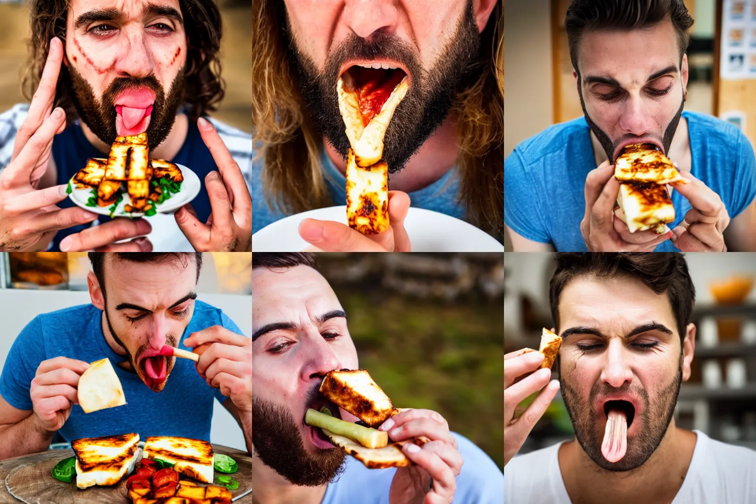 Prompt: closeup headshot photo of the man passionately tasting the best halloumi, detailed face details