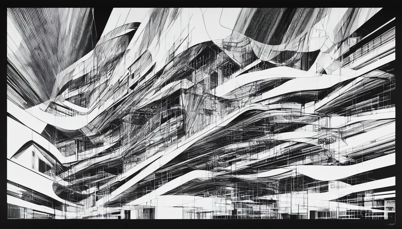 Image similar to a black and white drawing of a architectural elevation by zaha hadid, a screenprint by robert rauschenberg, behance contest winner, deconstructivism, da vinci, constructivism, greeble