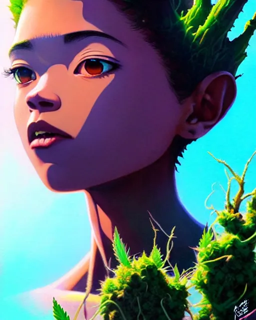 Image similar to marijuana groot kid | | very very anime!!!, fine - face, audrey plaza, realistic shaded perfect face, fine details. anime. realistic shaded lighting poster by ilya kuvshinov katsuhiro otomo ghost - in - the - shell, magali villeneuve, artgerm, jeremy lipkin and michael garmash and rob rey