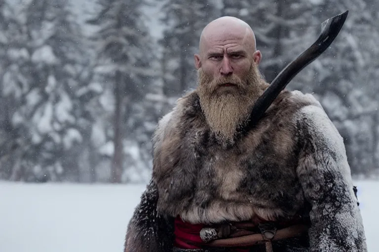 Image similar to vfx movie tough bald man in furs, natural grizzled skin, streaks of red face paint grey beard, dual wielding detailed viking war axes, in snowy tahoe by emmanuel lubezki