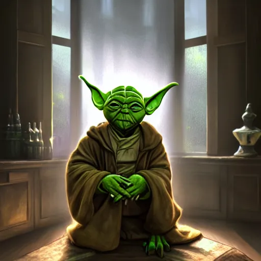 Image similar to yoda sitting in a chair in his living room with sunlight pouring in through a window, portrait, fantasy, beautiful face, vivid colors, elegant, concept art, sharp focus, digital art, hyper - realistic, 4 k, unreal engine, highly detailed, hd, dramatic lighting by brom, trending on artstation