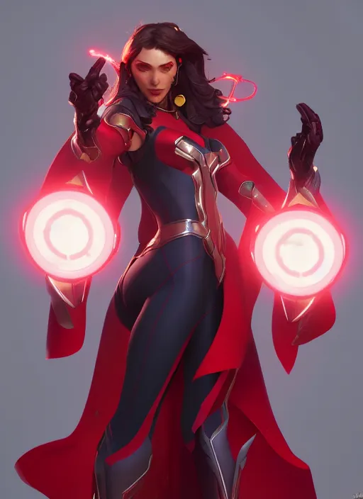 Image similar to scarlet witch in overwatch, naturel, hyper detailed, digital art, trending in artstation, cinematic lighting, studio quality, smooth render, unreal engine 5 rendered, octane rendered, art style by klimt and nixeu and ian sprigger and wlop and krenz cushart.