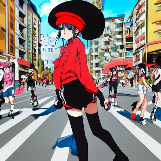 Prompt: Teenage girl, French girl, black beret, black beret with a red star, black shirt with red star, black leather shorts, rollerblading, rollerskates, city on a hillside, colorful buildings, anime, HD anime art