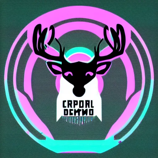 Image similar to logo for corporation called protoneo that involves deer head, symmetrical, retro pink synthwave style, retro sci fi