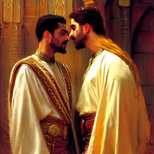 Image similar to attractive fully clothed arab king confesses his love for his attractive fully clothed male prince. highly detailed painting by gaston bussiere, craig mullins, j. c. leyendecker