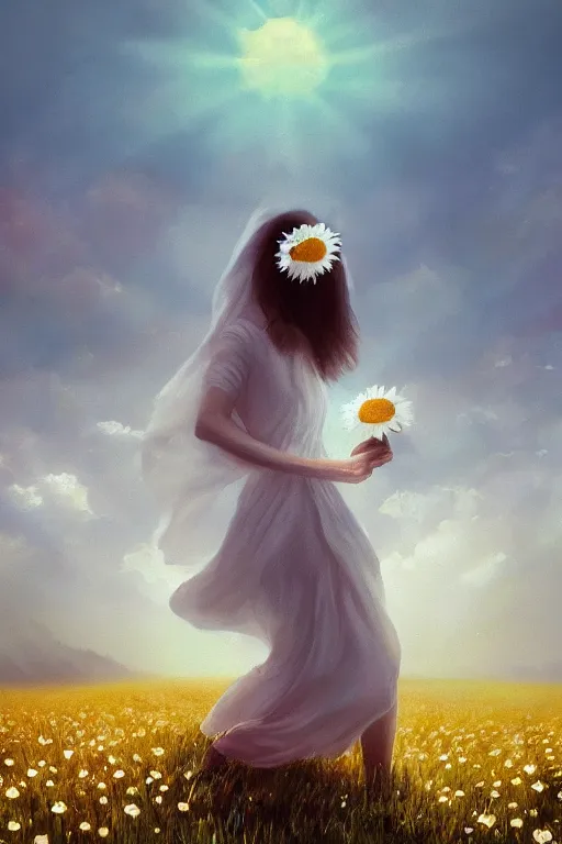 Prompt: giant white daisy flowers as face, girl with veil walking in a flower field, surreal photography, sunrise, dramatic light, impressionist painting, colorful clouds, digital painting, artstation, simon stalenhag