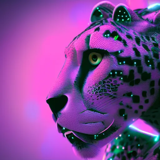 Prompt: closeup profile shot of neon cybernetic cheetah, city lights, strong bokeh, dramatic, cinematic, high contrast, octane render, artstation, 4k