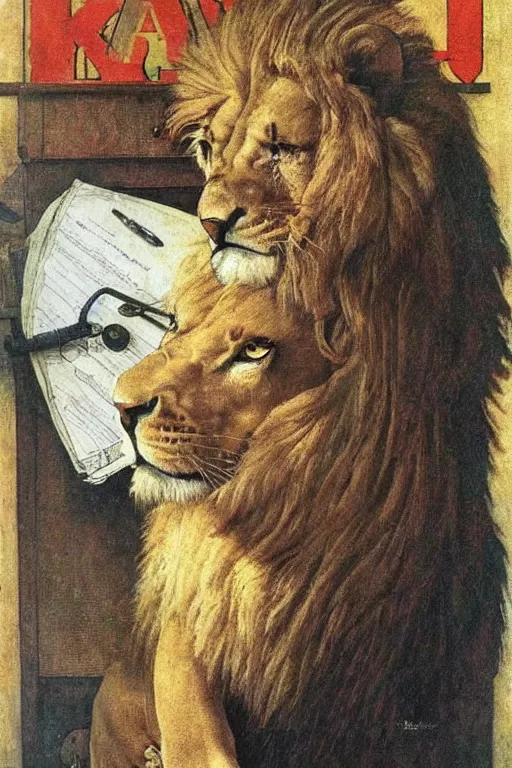 Prompt: a sad lion by norman rockwell