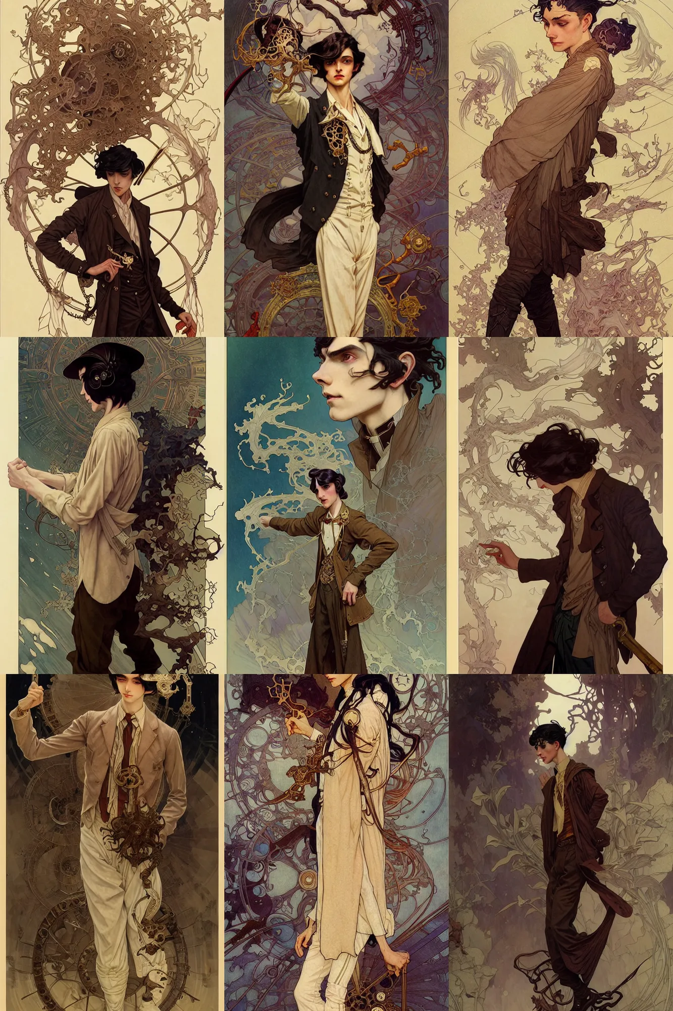 Prompt: thin young male alchemist, long dark hair, 1 9 2 0 s fashion, fantasy, highly detailed, intricate, smooth, art by joseph leyendecker, peter mohrbacher, ruan jia, marc simonetti, ayami kojima, cedric peyravernay, alphonse mucha, yuuki morita victo ngai