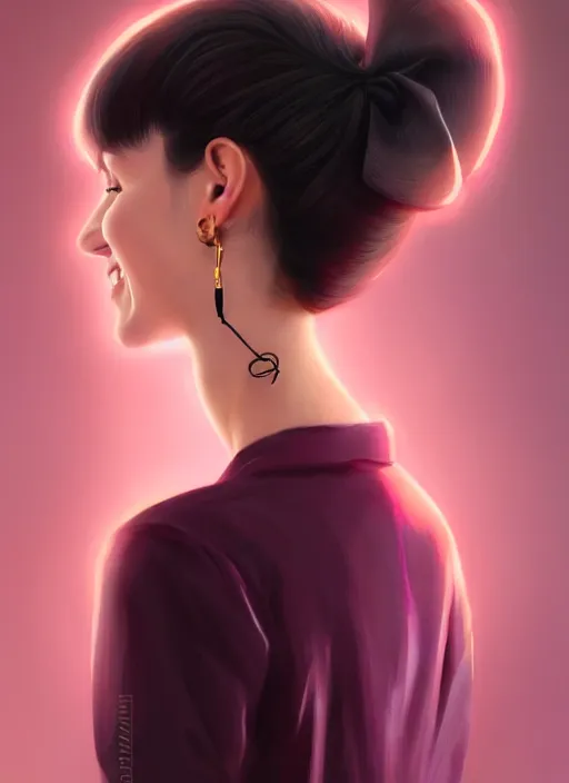 Image similar to portrait of teenage girl, realistic, black hair, bangs, half updo hairstyle, pointy nose, skinny, smile, ugly, defined jawline, big chin, pink hair bow, earrings, intricate, elegant, glowing lights, highly detailed, digital painting, artstation, sharp focus, illustration, art by wlop, mars ravelo and greg rutkowski