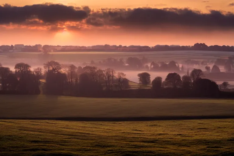 Image similar to A landscape photograph showing the city of Salisbury viewed from Old Sarum at sunrise, lighting by Albert Bierstadt, misty!!!, beautiful light, cinematic, morning light, dawn, English countryside, award winning photography, highly detailed, 24mm, fujifilm