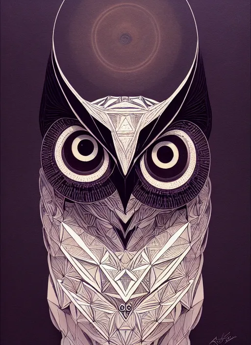 Image similar to portrait of a geometric owl, identical eyes, medium shot, illustration, full body made of white feathers, symmetrical, art stand, super detailed, cinematic lighting, and its detailed and intricate, gorgeous, by peter mohrbacher