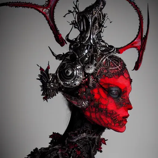 Prompt: a female harkonen model by stefan geselle and nekro borja, photorealistic, biomechanical, red lace, intricate details, hyper realistic, ornate headpiece, photorealistic, canon r 3, photography, wide shot, photography, dark beauty, symmetrical features